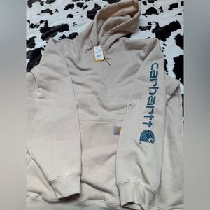 Carhartt Men's Tan Hoodie with Blue Logo